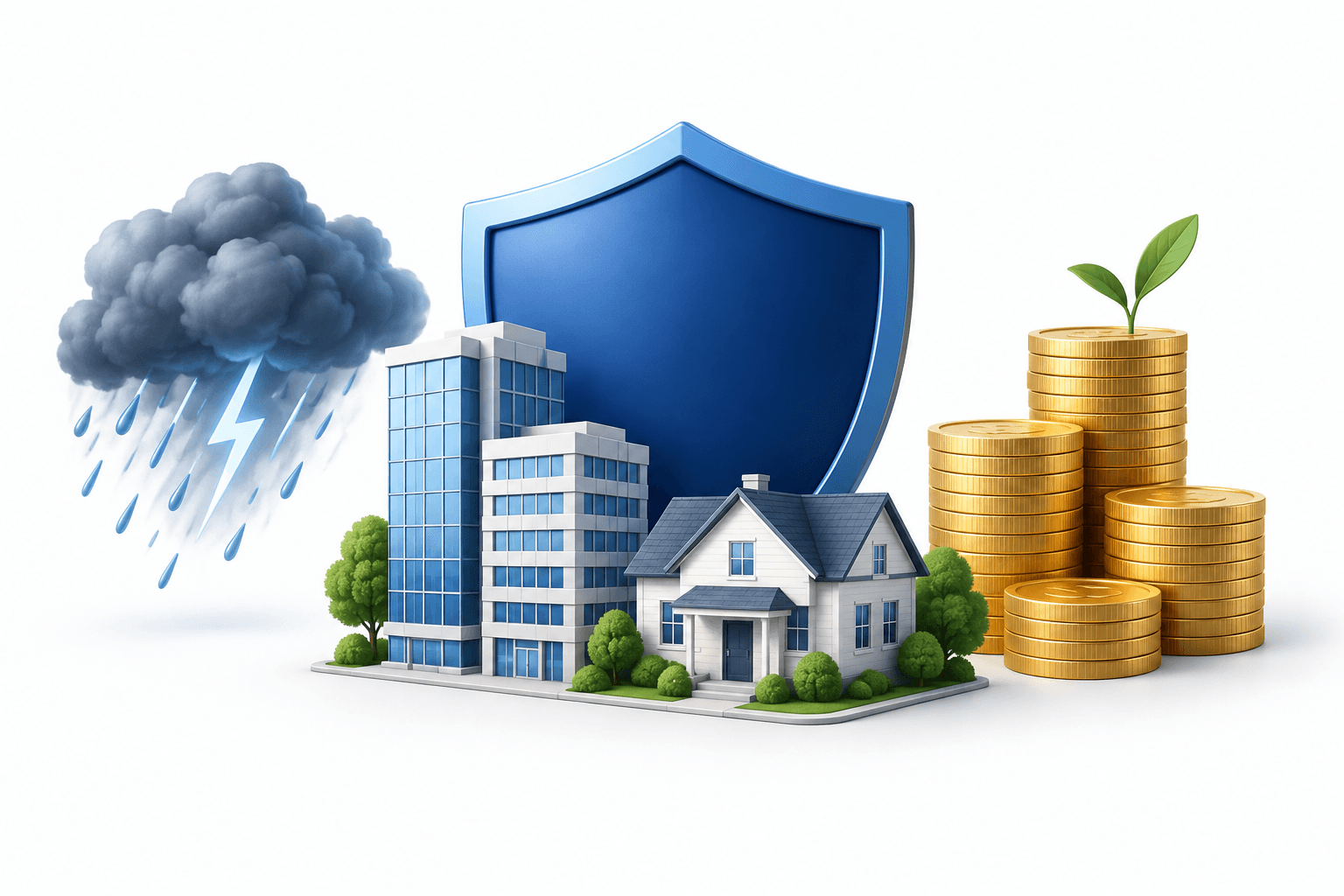 Travelers earnings concept illustration showing insurance protection, storm risk and investment income.