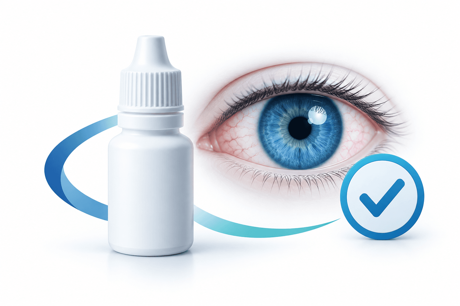 Brytly approval concept illustration showing an unbranded eye-drop bottle, a stylized eye and an approval checkmark.