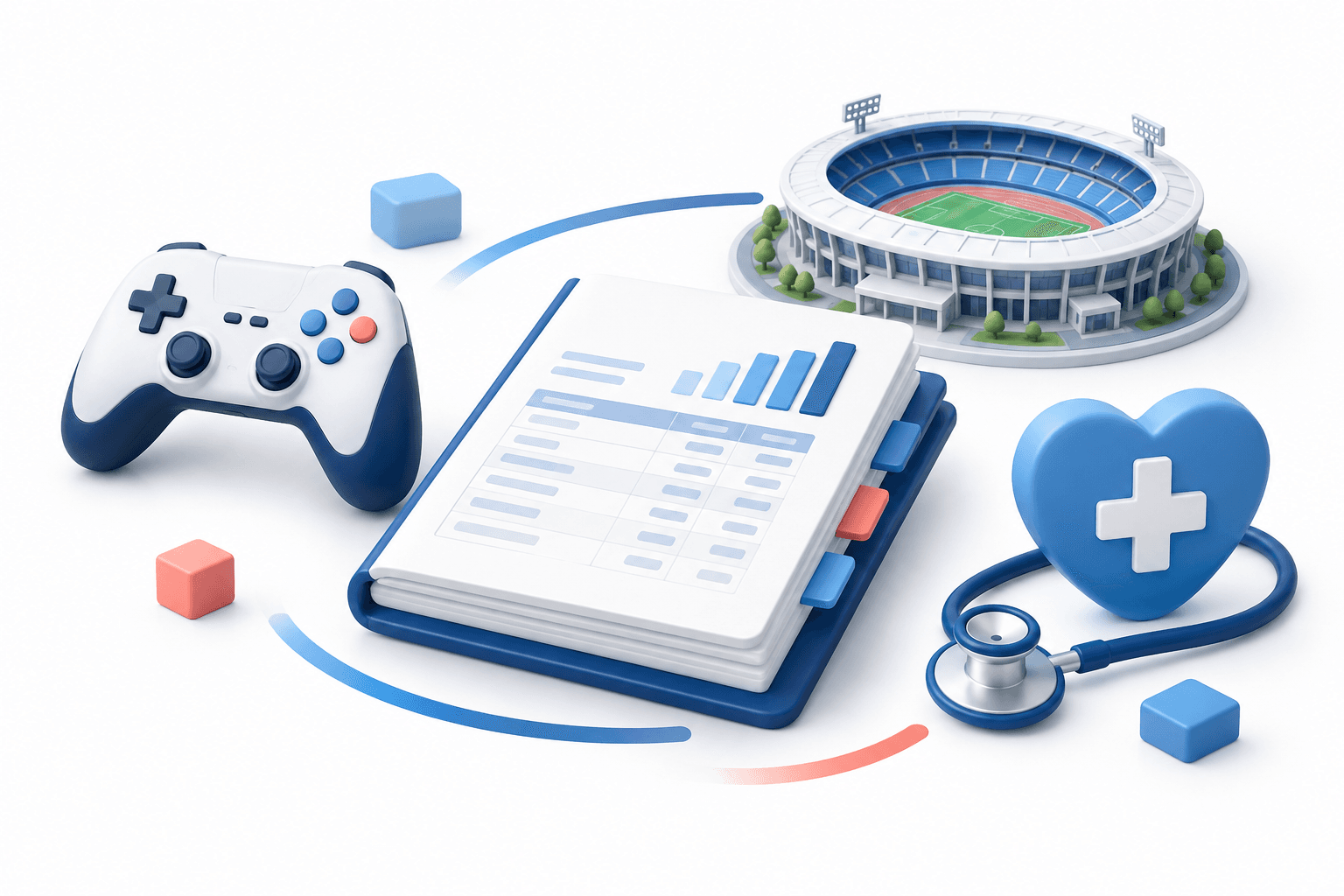 DeNA earnings illustration showing a financial ledger with gaming, sports and healthcare symbols.