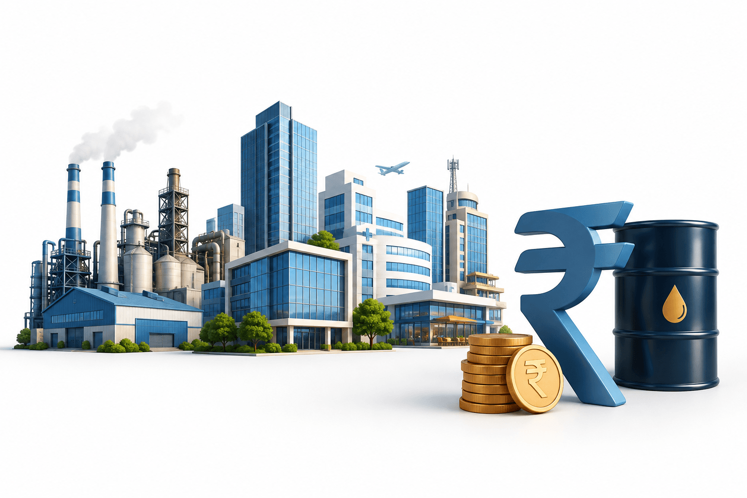 Concept illustration of India stocks facing uneven profits, currency pressure and oil costs despite economic expansion.