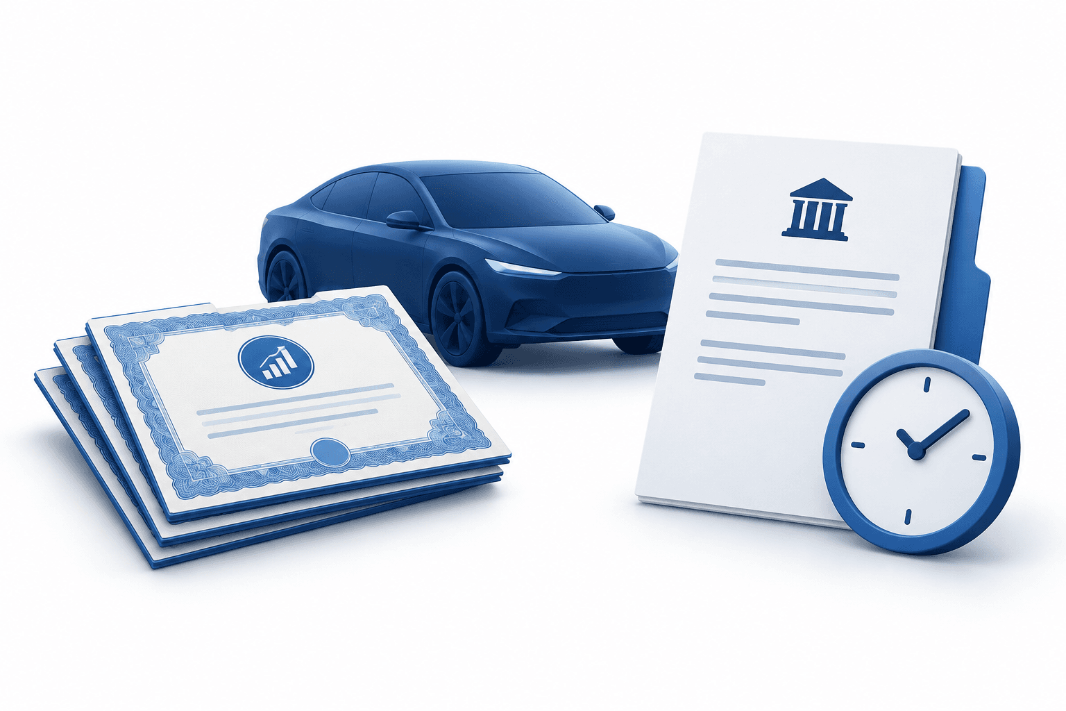 CarGurus insider sale concept illustration showing share certificates, a car silhouette and a proposed-transaction document.