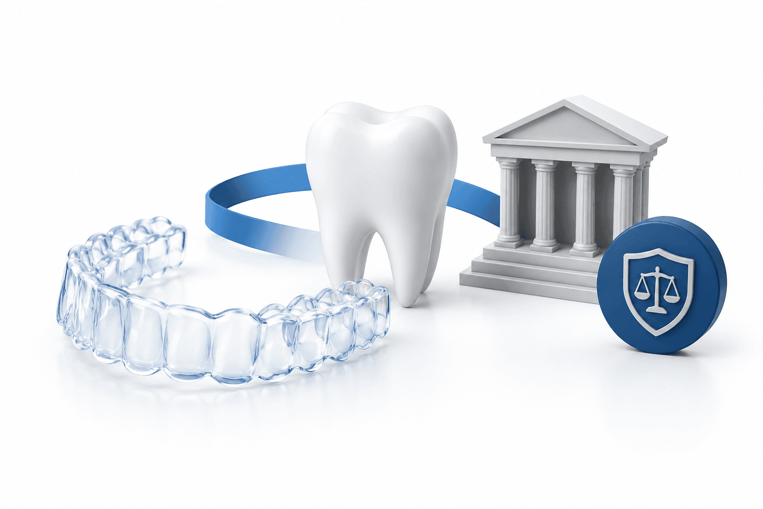 Concept illustration of a clear dental aligner and courthouse symbol representing the Angelalign patent ruling.