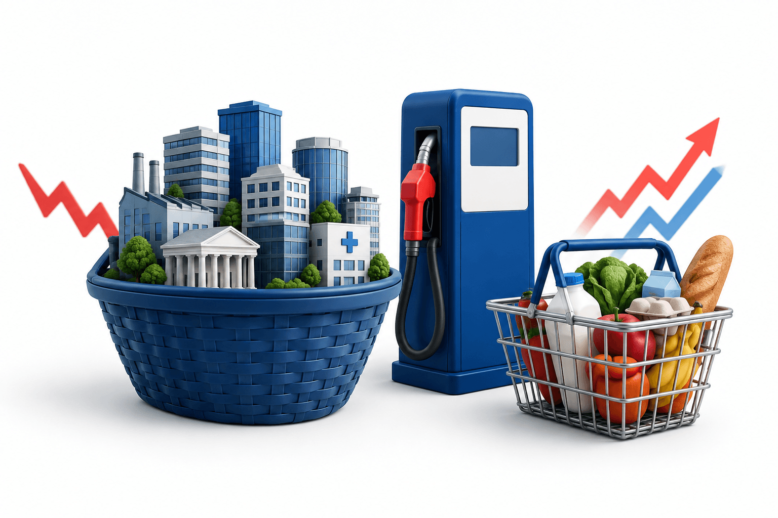 SPY ETF concept illustration with a basket of corporate buildings, a gasoline pump and consumer goods.