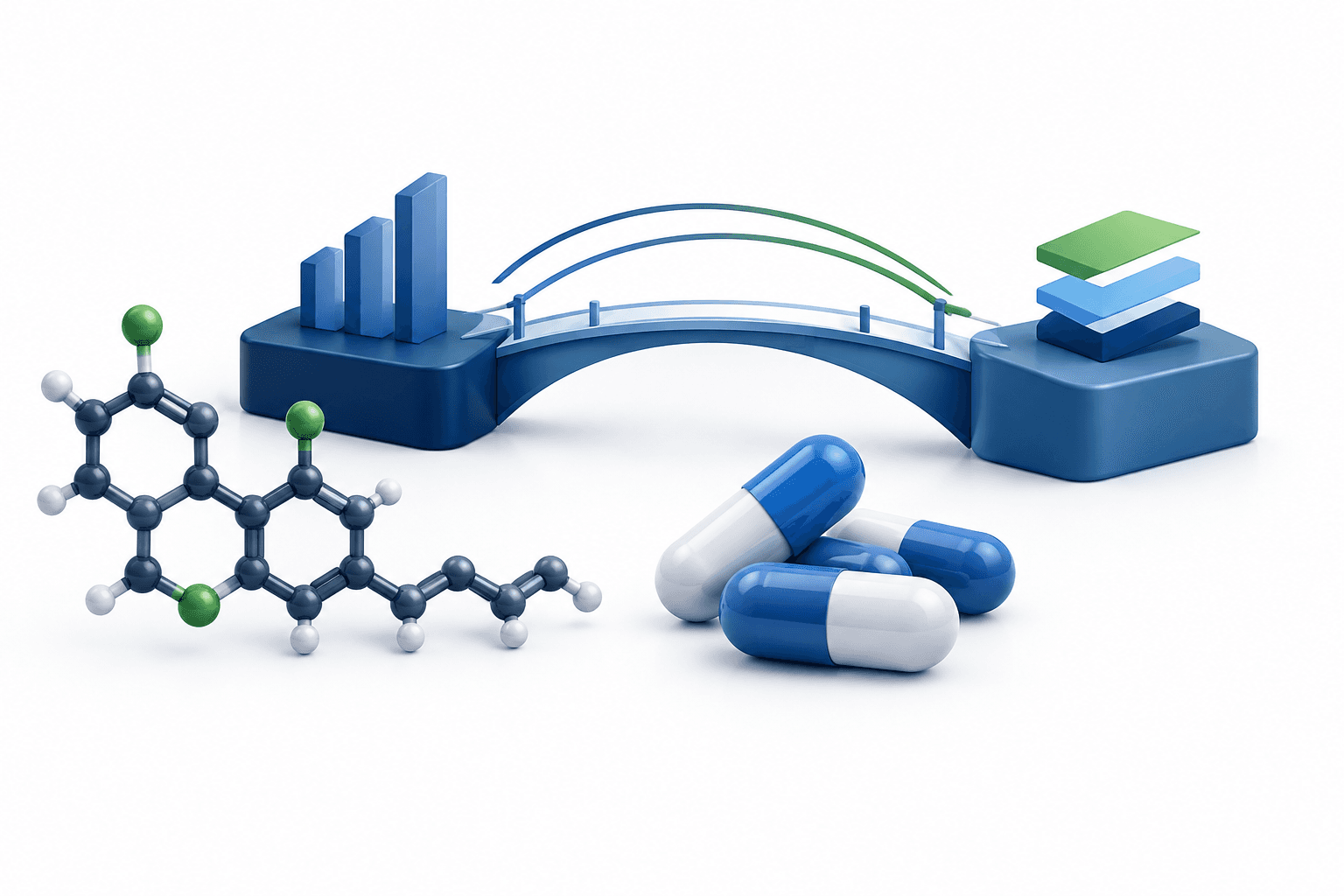 Concept illustration of Avicanna’s OTCQB transition, with pharmaceutical capsules, a cannabinoid molecule and an abstract bridge.