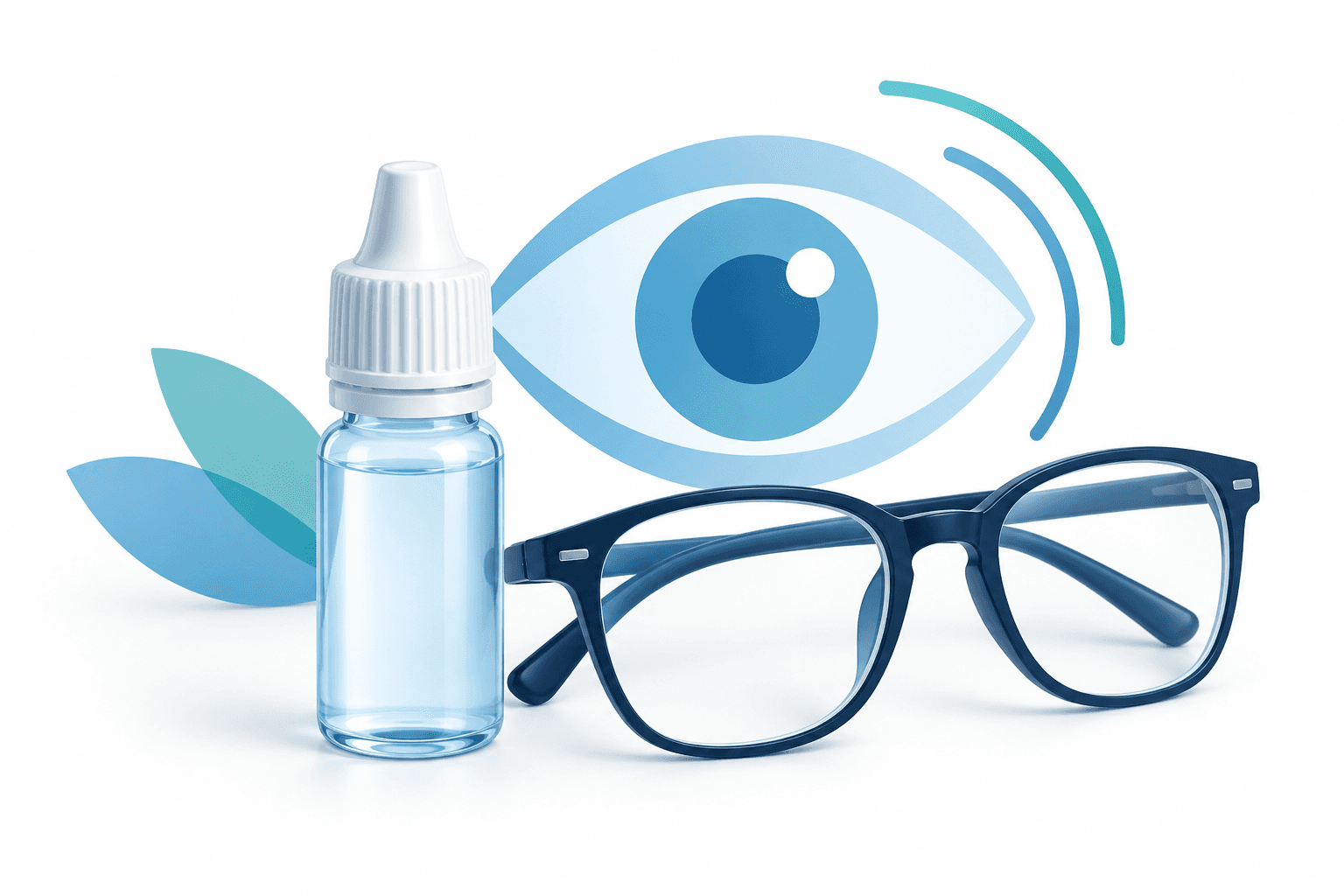 Ryzumvi approval concept illustration with an eye-drop vial, reading glasses and an eye silhouette.