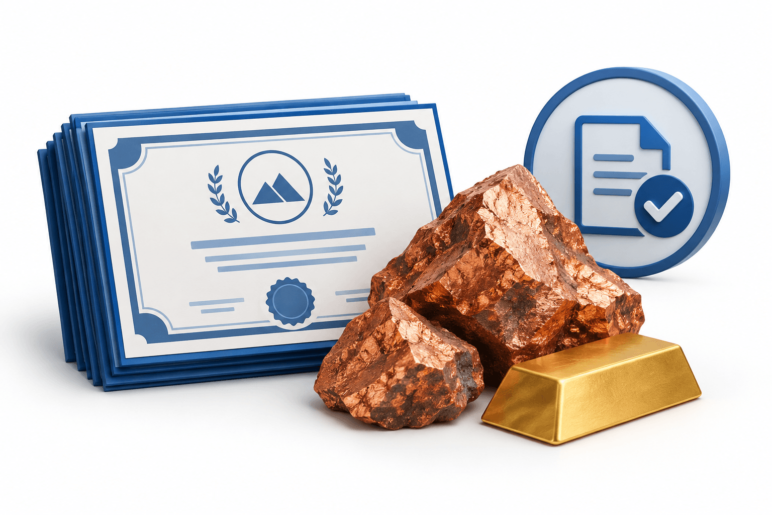 Concept illustration of Atico stock options with equity certificates, copper-colored minerals and a gold ingot.