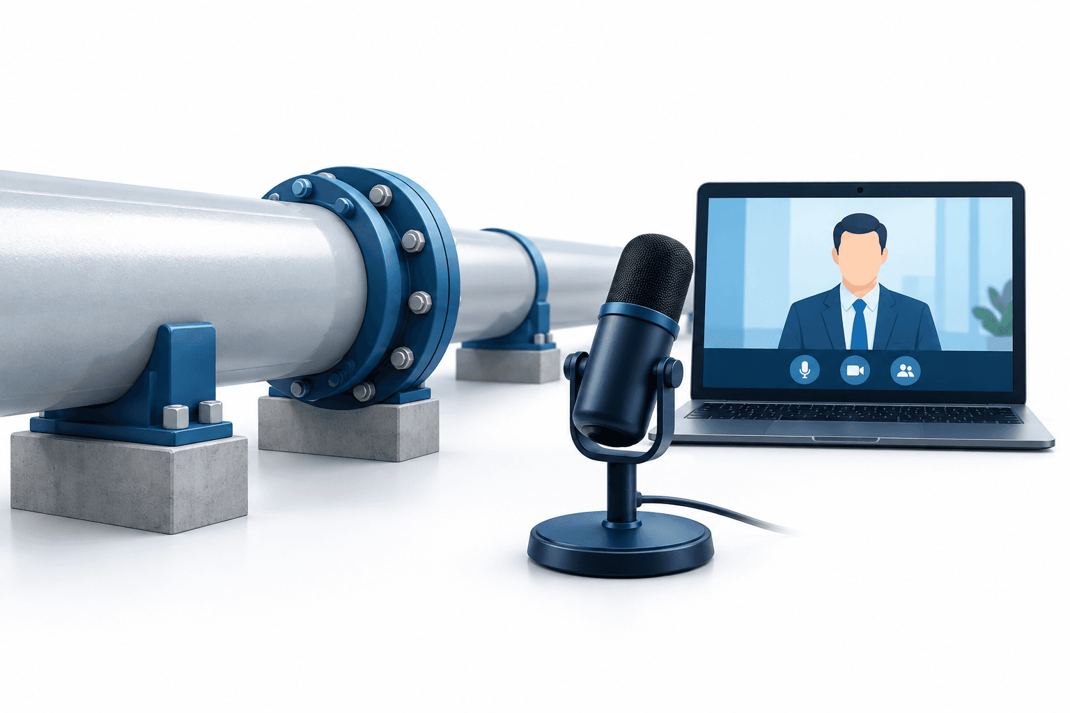 TC Energy results-call concept illustration with a pipeline, microphone and video screen.
