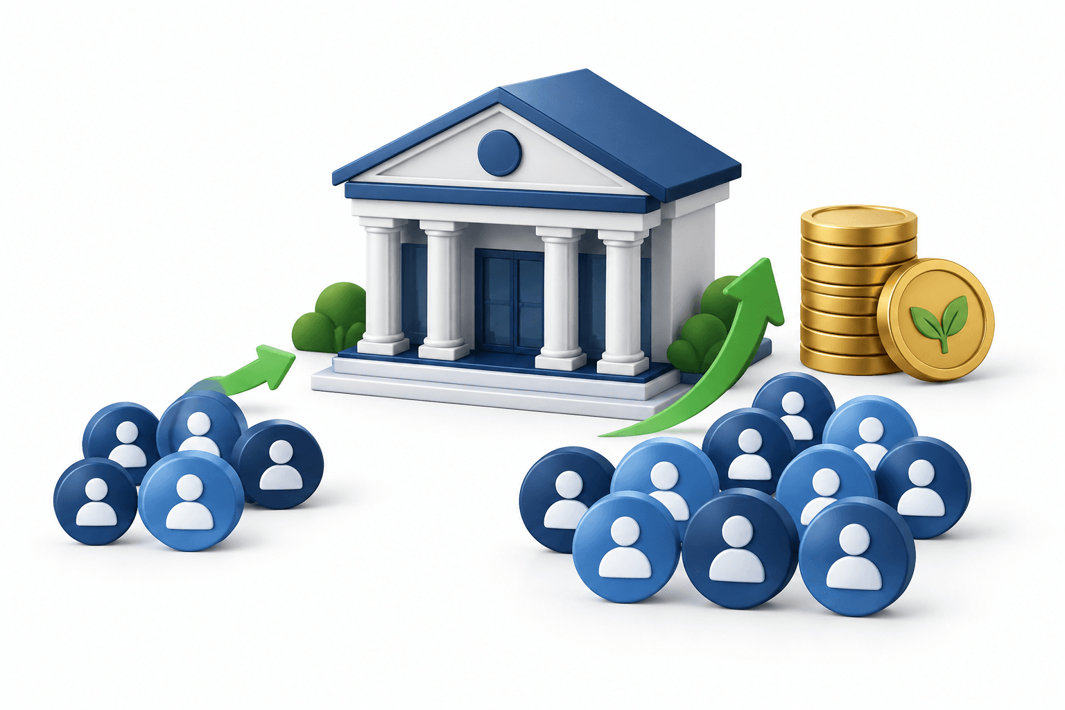 Citizens earnings illustration showing a stylized bank, client-account tokens and dividend coins.