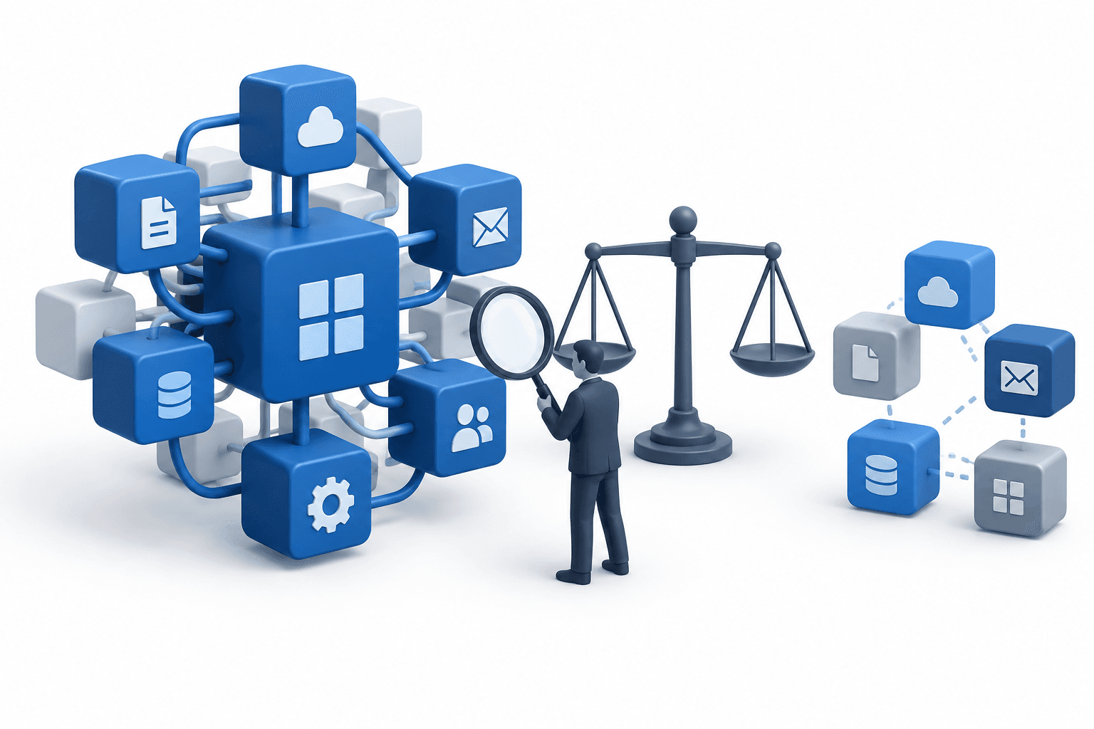 Concept illustration of Microsoft software scrutiny, showing connected software modules and a regulatory balance symbol.