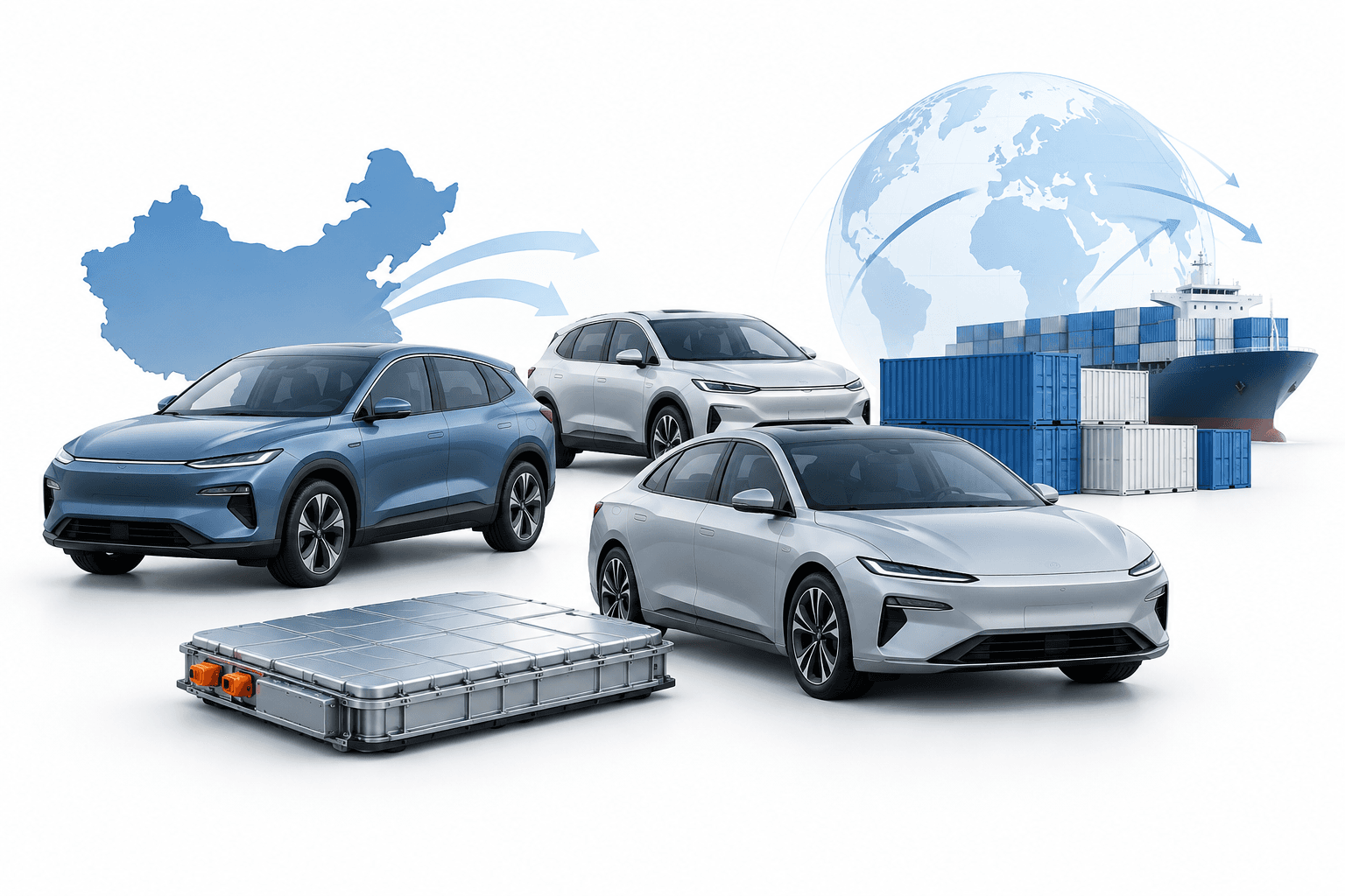 Geely earnings concept illustration with electric vehicles, a battery module and export shipping containers.