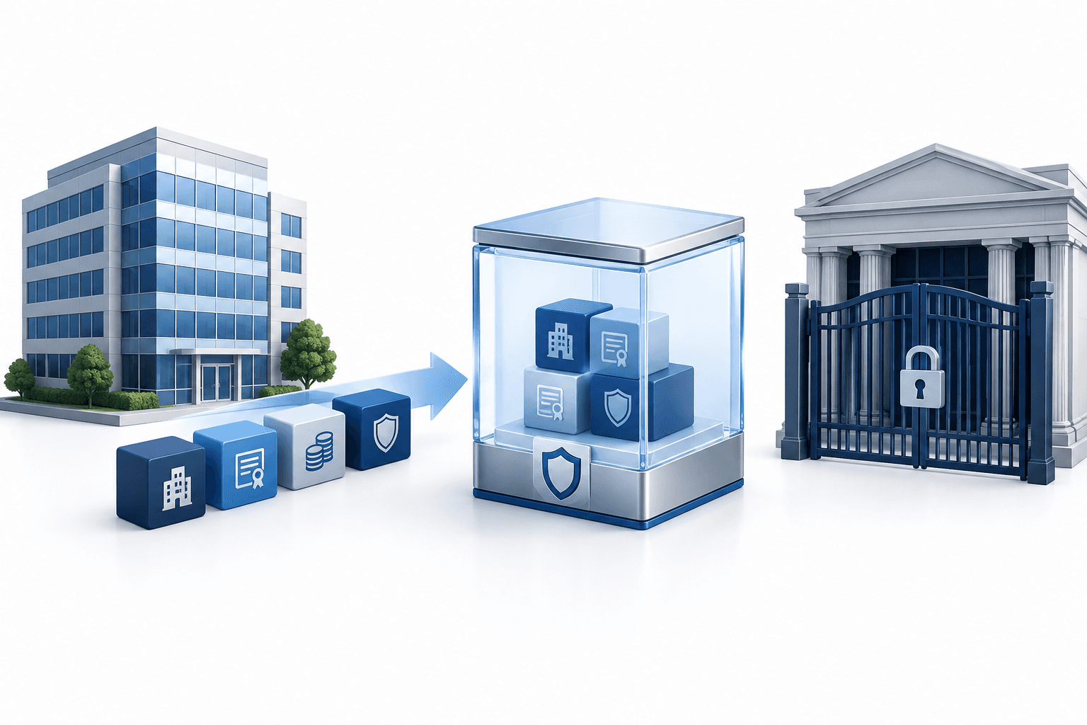 Concept illustration of the ARI liquidation showing commercial property assets moving into a trust beside a closed exchange gate.