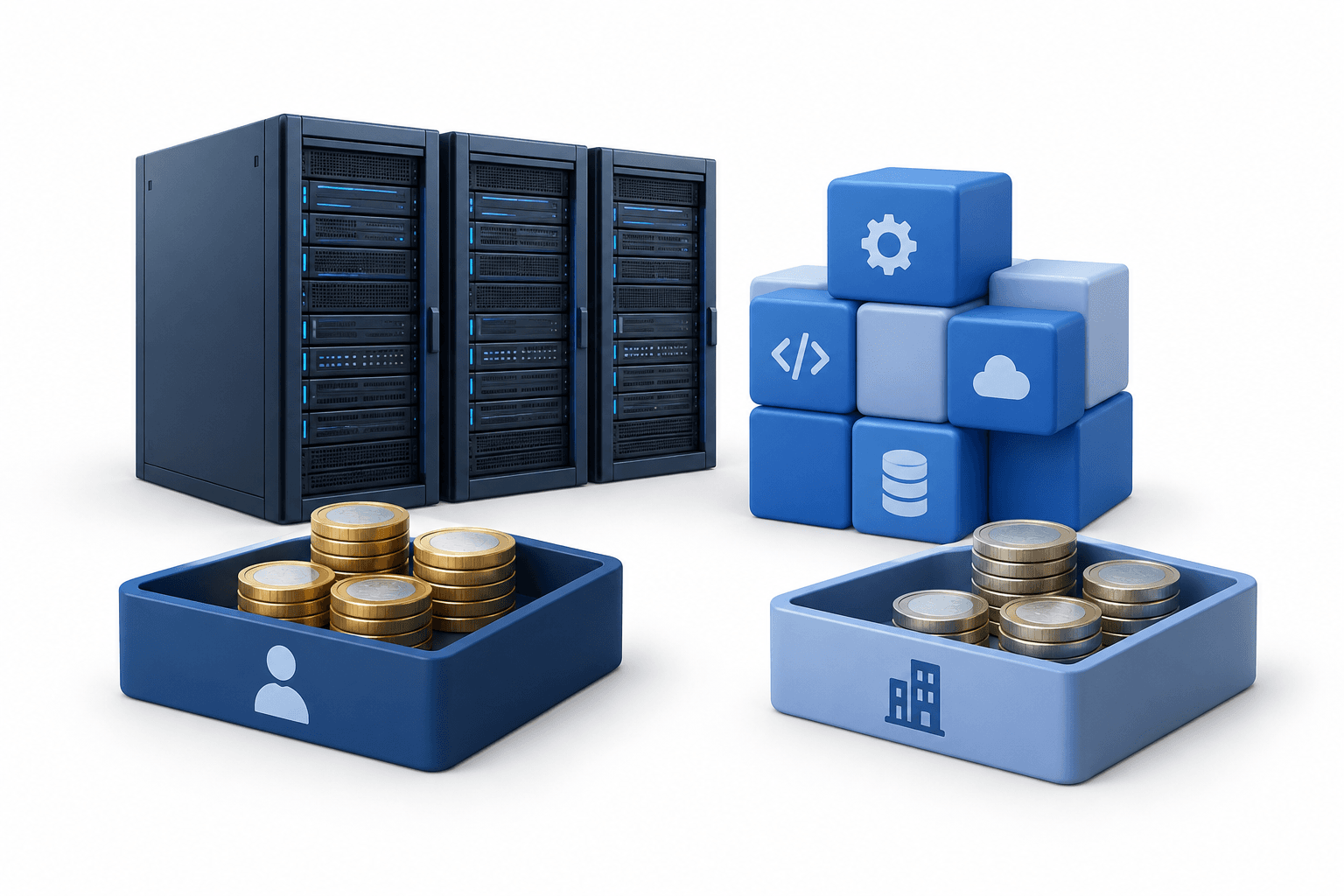Concept illustration of enterprise servers, software blocks and dividend cash accompanying the IBM shares story.