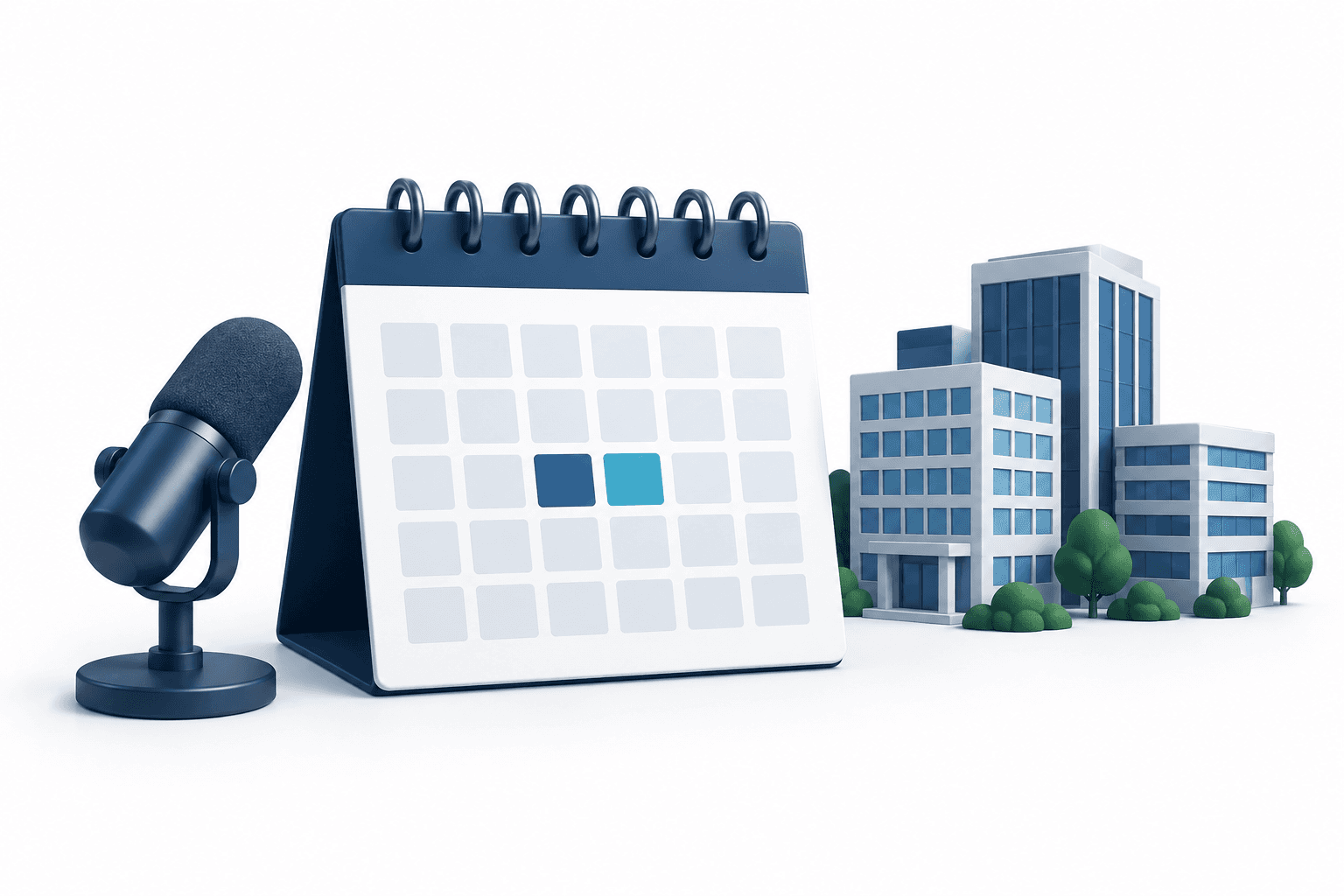 Illustration of a calendar, microphone and business buildings representing the Carlyle Secured Lending earnings schedule.