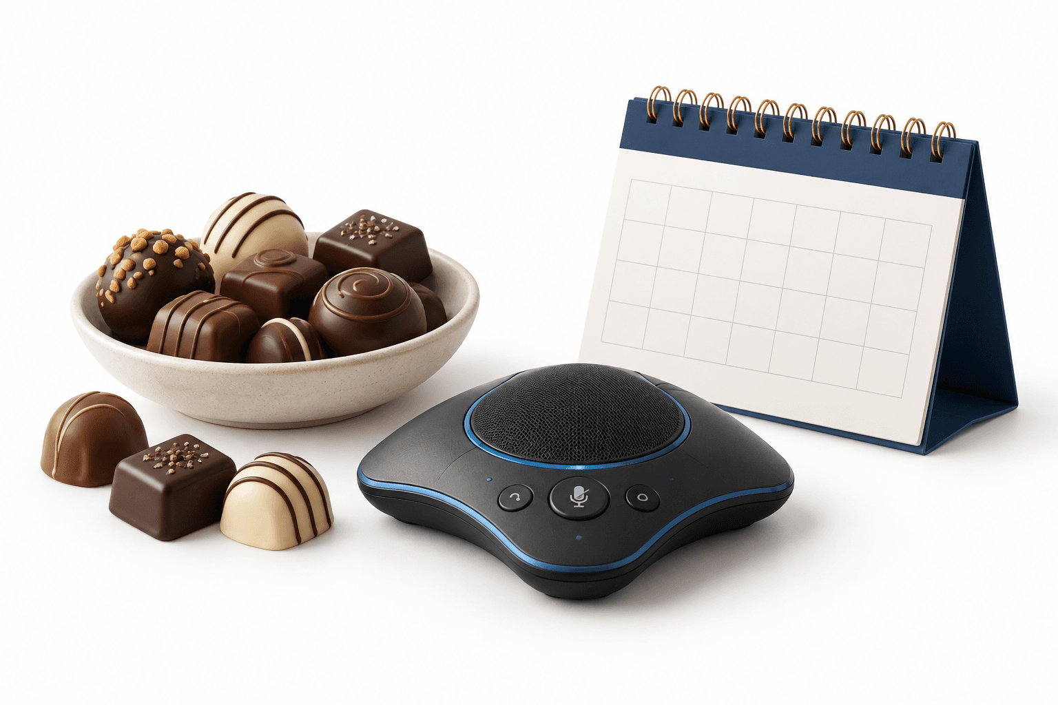Chocolate confections beside a speakerphone and blank calendar illustrating the RMCF earnings call.