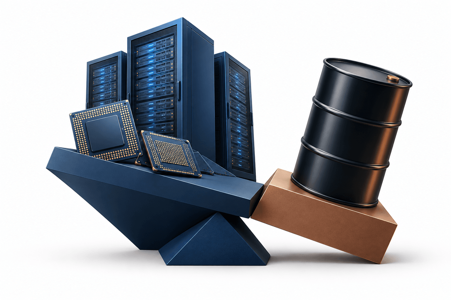 Concept illustration of data-center servers, chips and an oil barrel representing pressures on US stocks.
