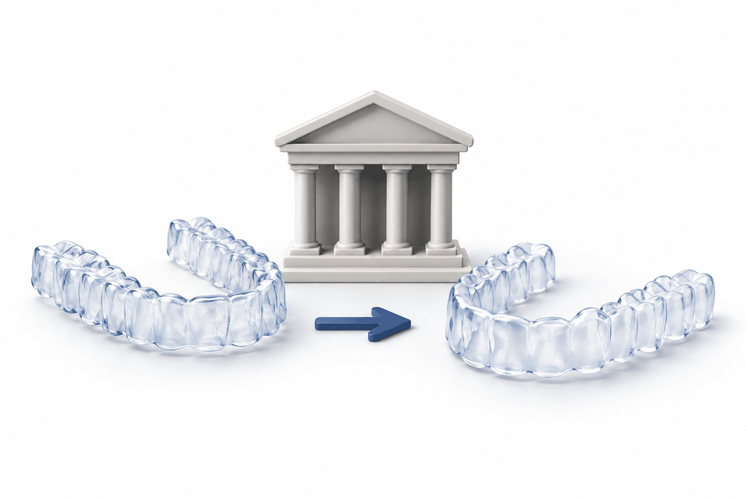 Concept illustration of clear aligners and a courthouse symbol representing the Angelalign patent ruling.
