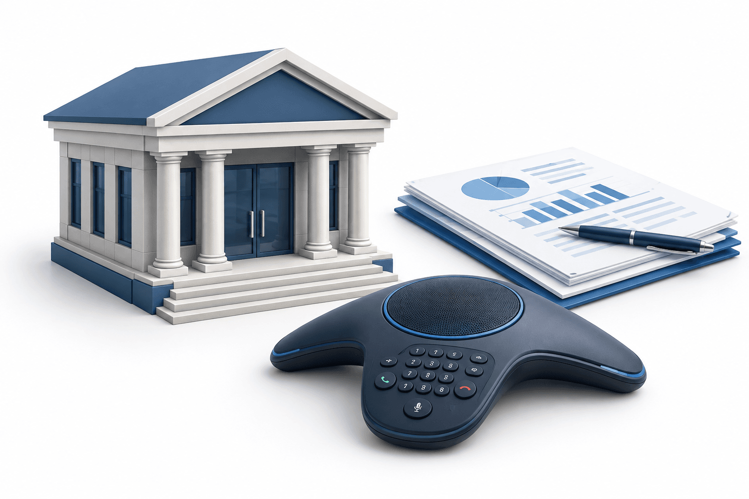 Concept illustration of a bank building, speakerphone and financial documents representing the PNB earnings call.