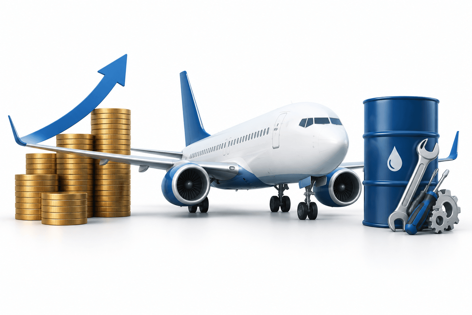 American Airlines earnings concept illustration showing a passenger aircraft, revenue coins, fuel barrel and maintenance tools.