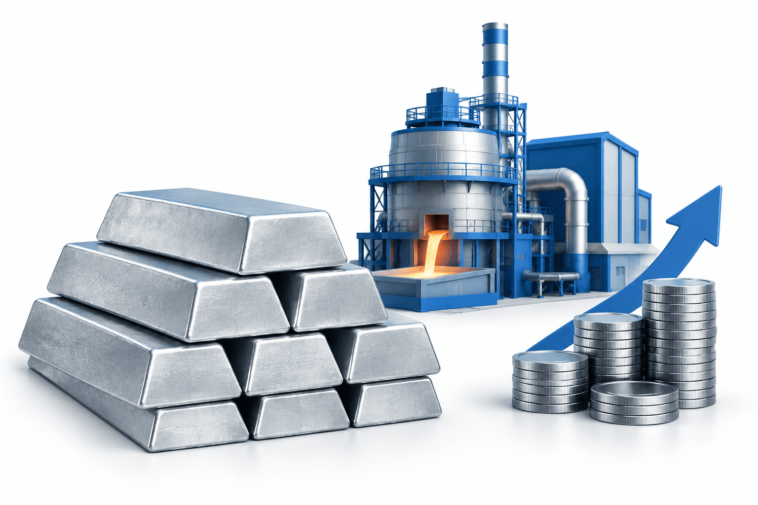 Alcoa earnings concept illustration featuring aluminum ingots, a simplified smelter and metallic coins.