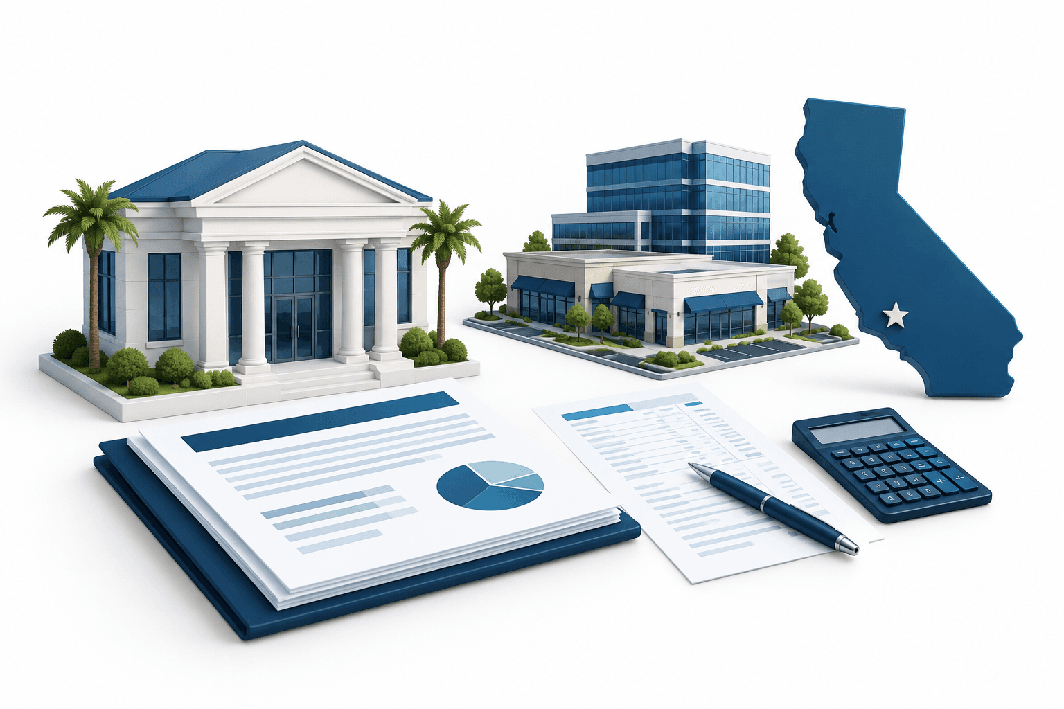 Concept illustration of a bank and commercial properties accompanying PBAM earnings coverage.