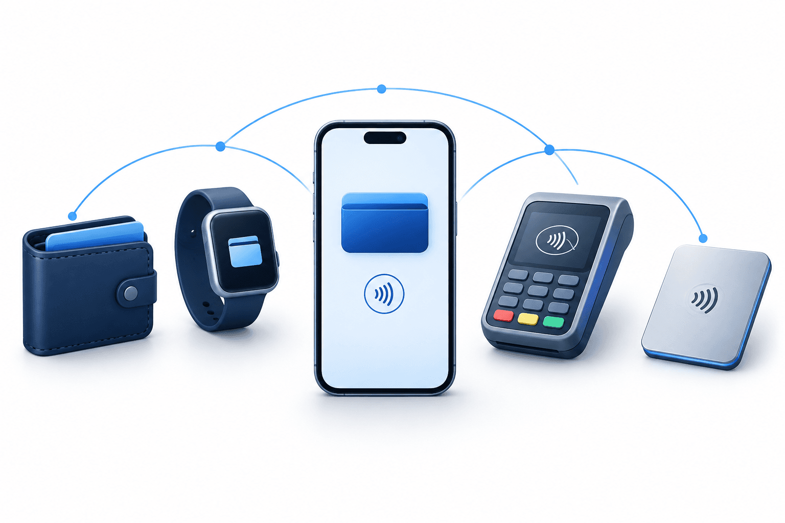 Concept illustration of Apple tap-to-pay access showing a generic smartphone connected to competing digital wallets.