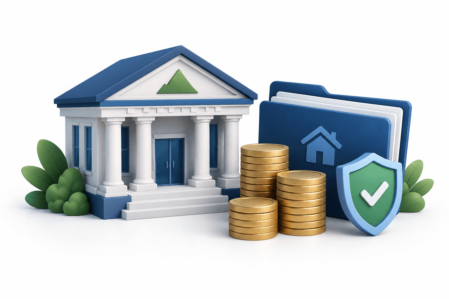 Concept illustration of a bank, coins and a credit-quality shield accompanying news that Regions shares rose after Q3 results.