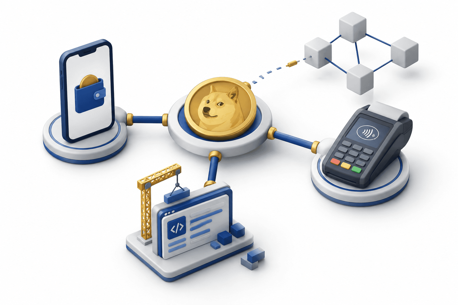 Concept illustration of Dogecoin Labs linking a wallet, merchant payments and an application platform still under construction.