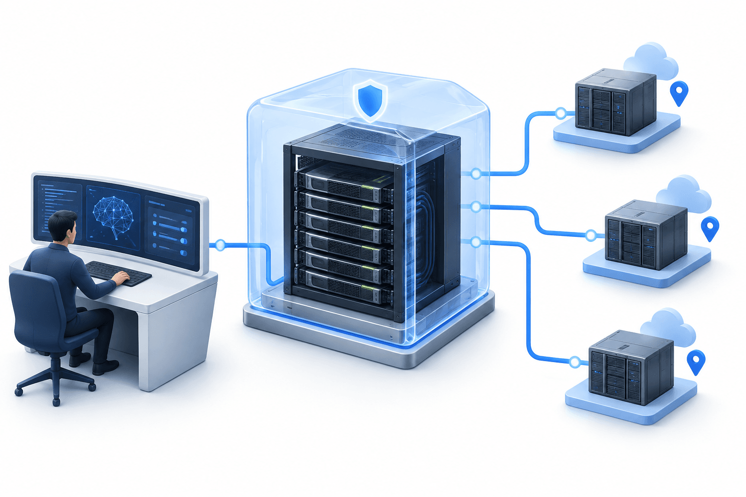 Concept illustration of NVIDIA Confidential Computing protecting a dedicated GPU server connected to distributed infrastructure.