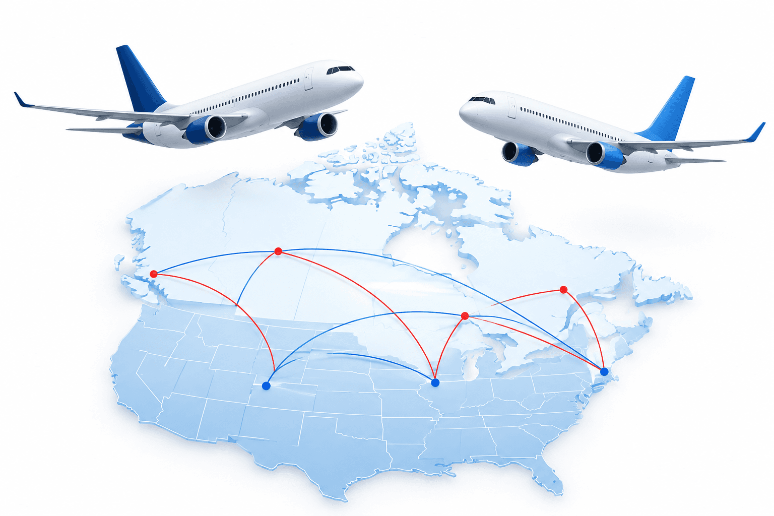 Air Canada routes illustrated by unbranded aircraft and connections between Canada and the United States.