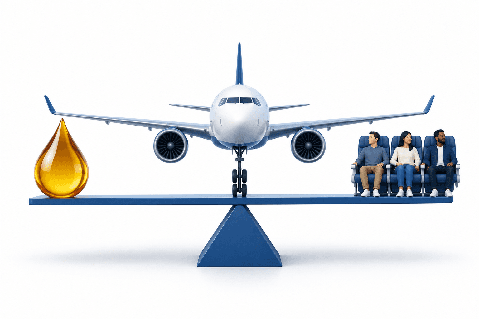 Southwest earnings concept illustration showing a passenger jet, fuel droplet and aircraft seats.