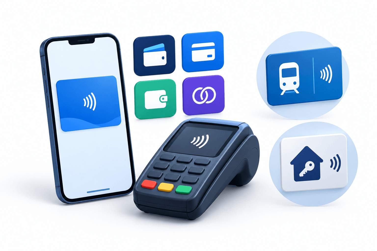 Concept illustration of iPhone contactless access with competing digital wallets, a payment terminal and digital keys.