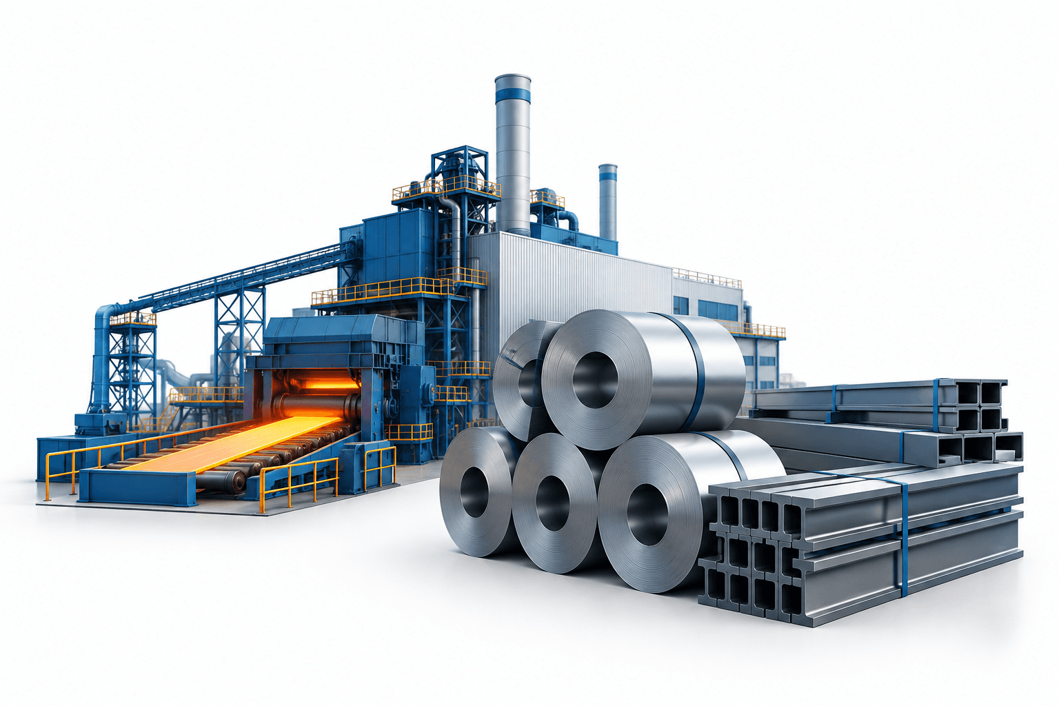 Concept illustration of a steel mill, coils and beams accompanying news about Nucor shares.