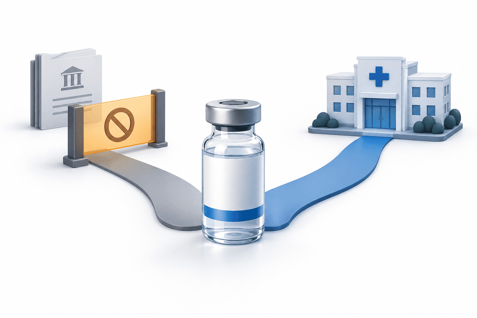 Concept illustration of separate medicine approval pathways accompanying the Omeros stock news.