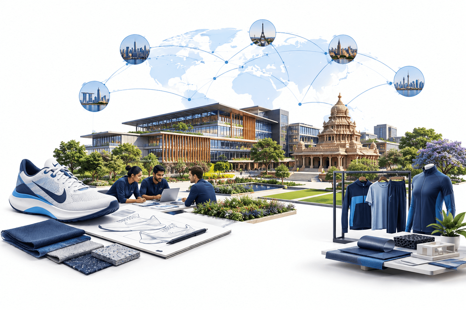 Concept illustration of the planned Nike India campus and its connections to global athletic product operations.