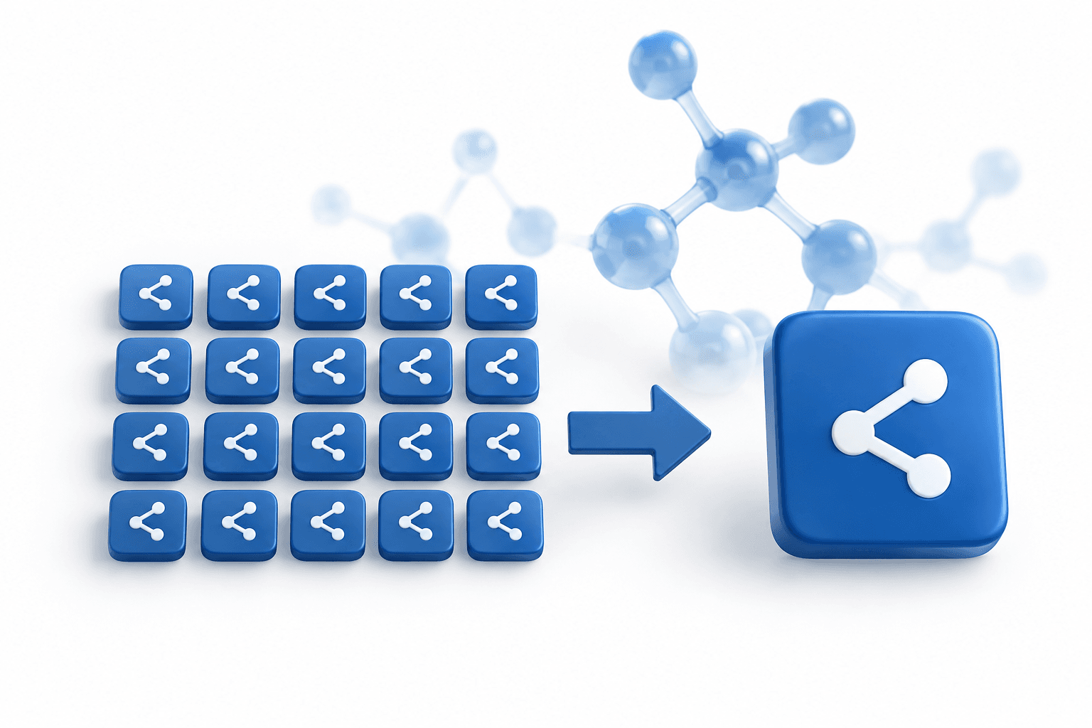 Concept illustration of the Moleculin reverse split showing small share tiles consolidated into one larger tile beside a molecular structure.