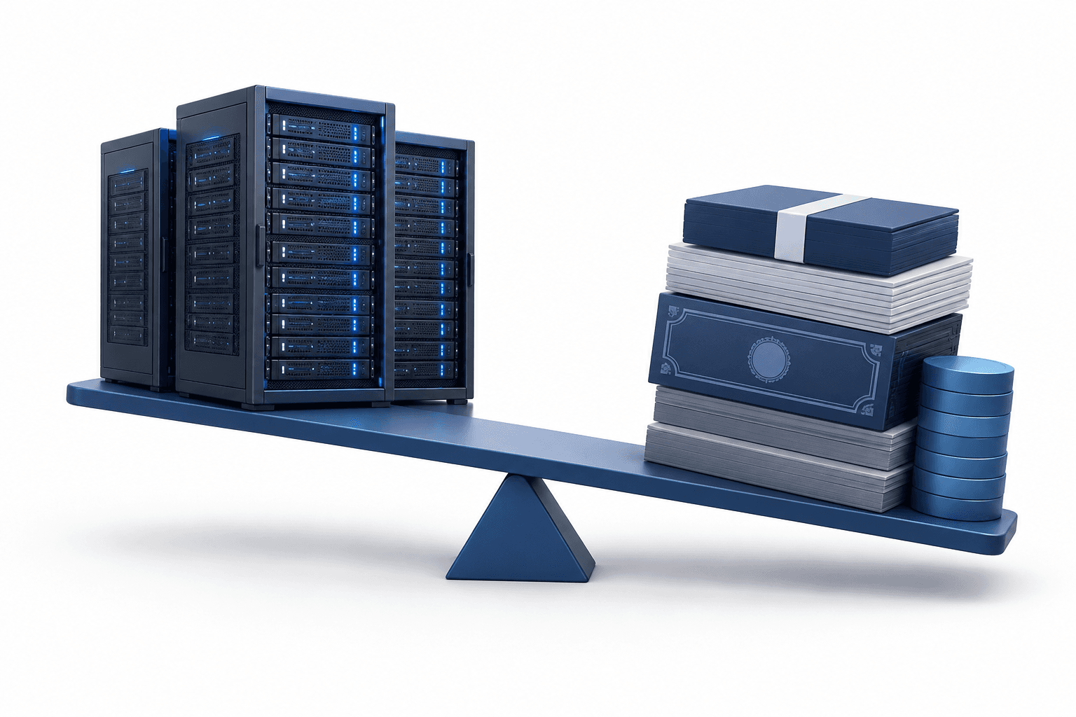 Concept illustration of AI server racks balanced against debt instruments, reflecting the CoreWeave stock financing debate.