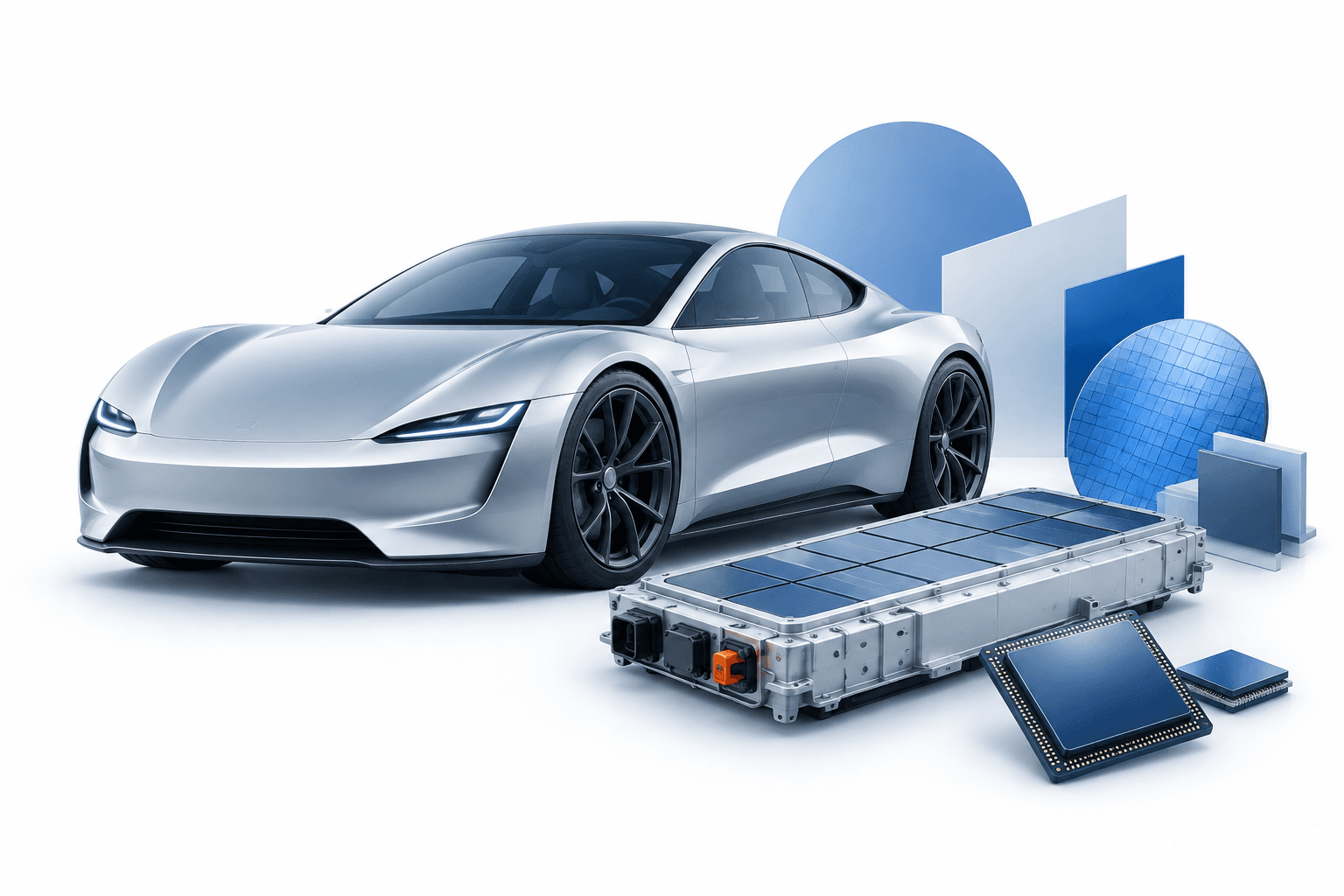 Concept illustration of an electric sports car, battery and semiconductor shapes accompanying news about Tesla shares.