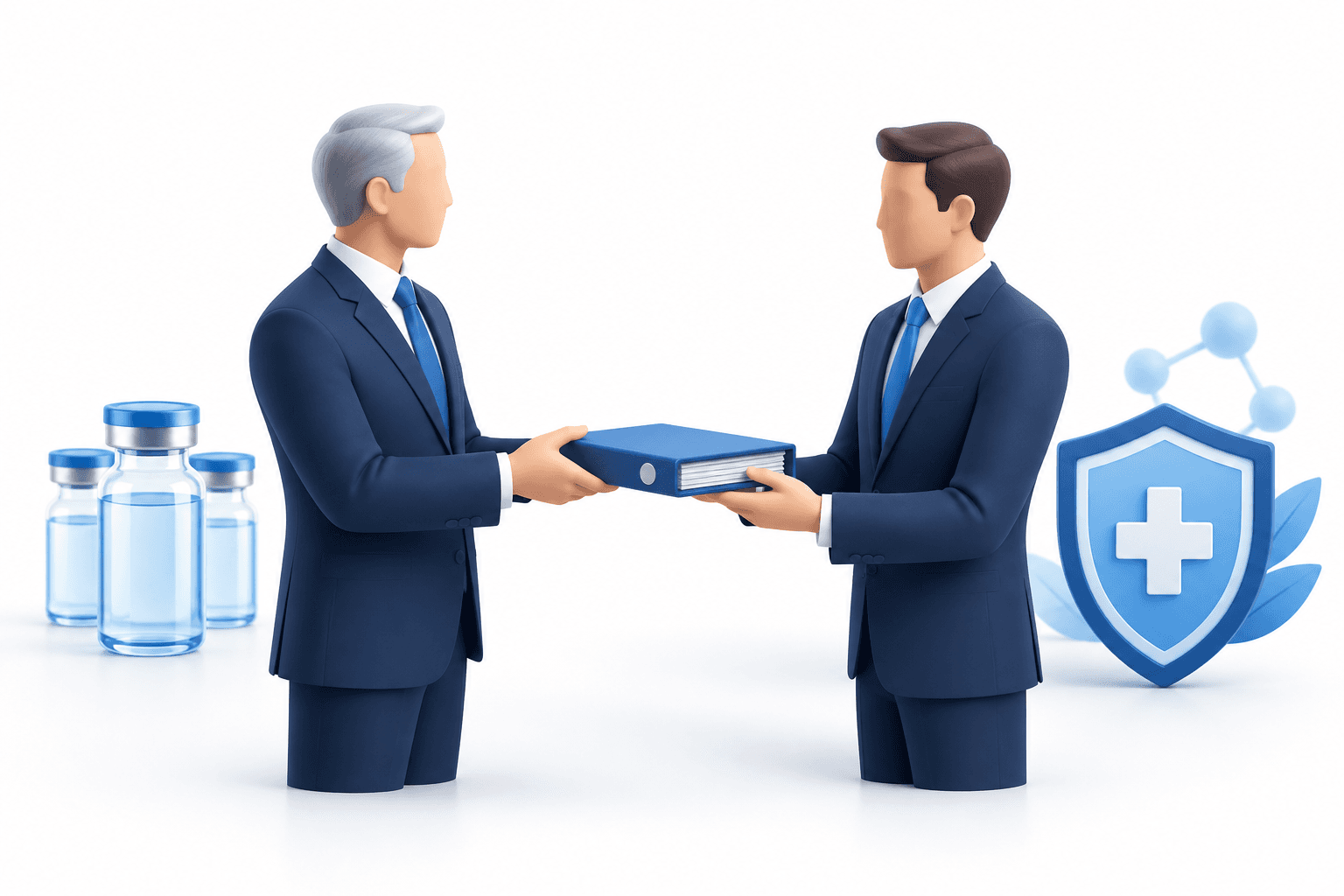 Concept illustration of the Emergent CFO handover with a financial ledger and medical symbols.