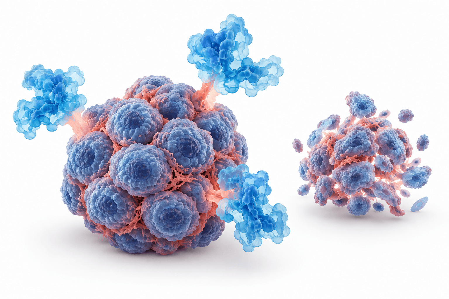 Conceptual illustration of tumor cells and enzyme-like molecules representing Propanc PRP research.