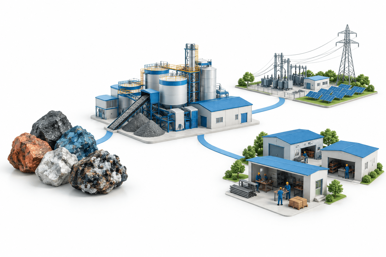 Critical minerals financing illustrated by mineral resources connected to processing facilities, electricity infrastructure and local suppliers.