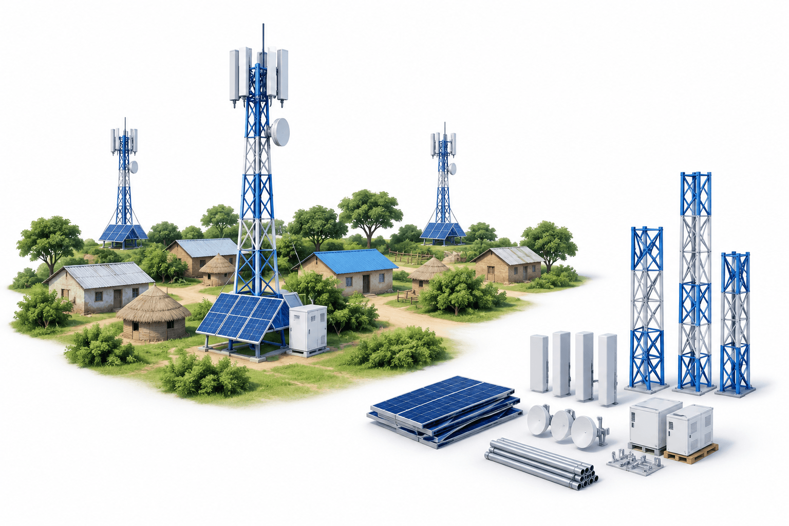 Concept illustration of NuRAN expansion showing rural telecom towers, solar panels and planned infrastructure.