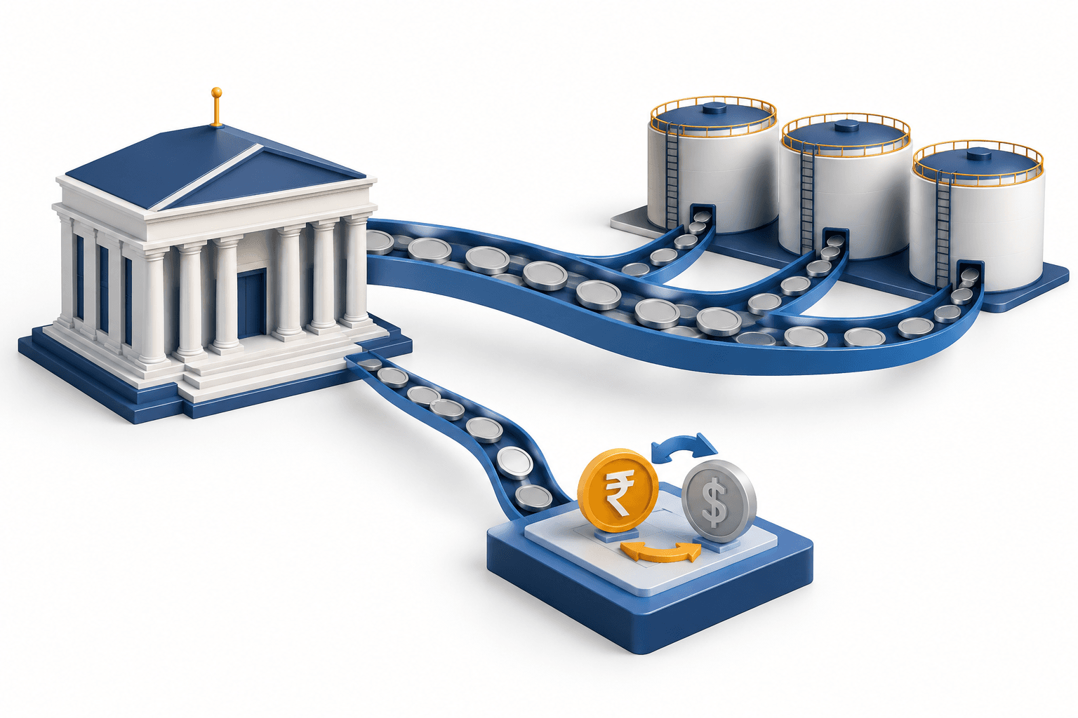 Concept illustration of Indian rupee support measures routing oil companies’ currency demand through a separate central-bank channel.