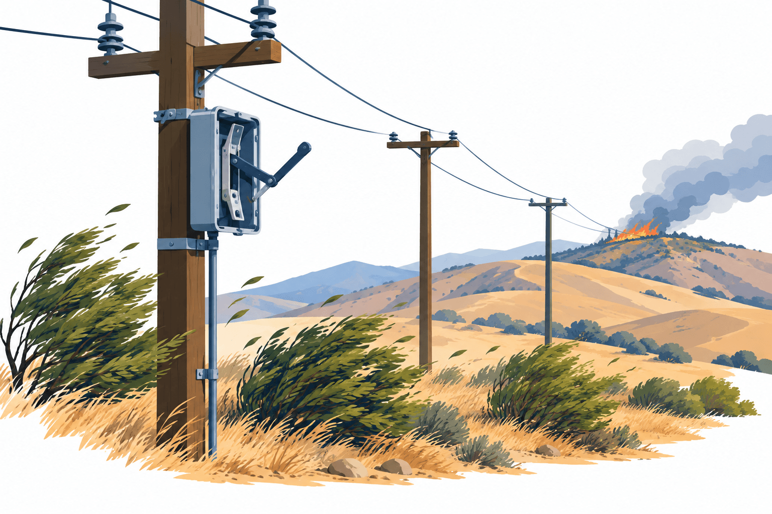 Concept illustration of California power shutoffs with electrical lines, dry hills and strong winds.