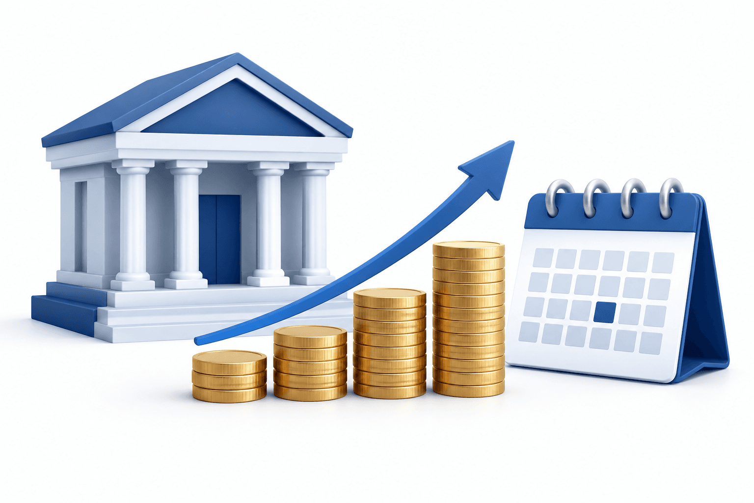 Citizens dividend concept illustration showing a bank, rising coin stacks and a blank calendar.
