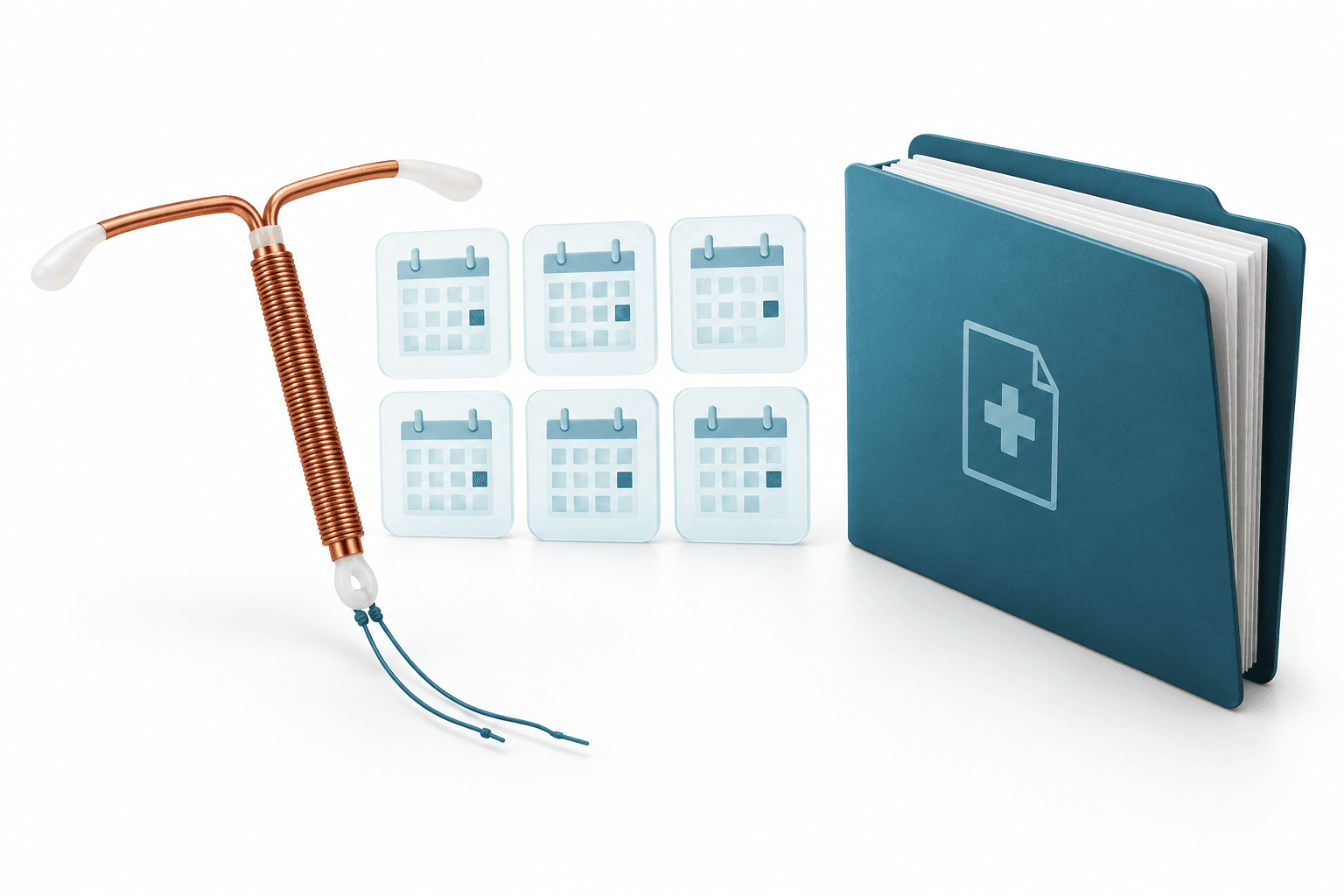 Concept illustration of a copper contraceptive device and calendar tiles representing the six-year MIUDELLA trial.