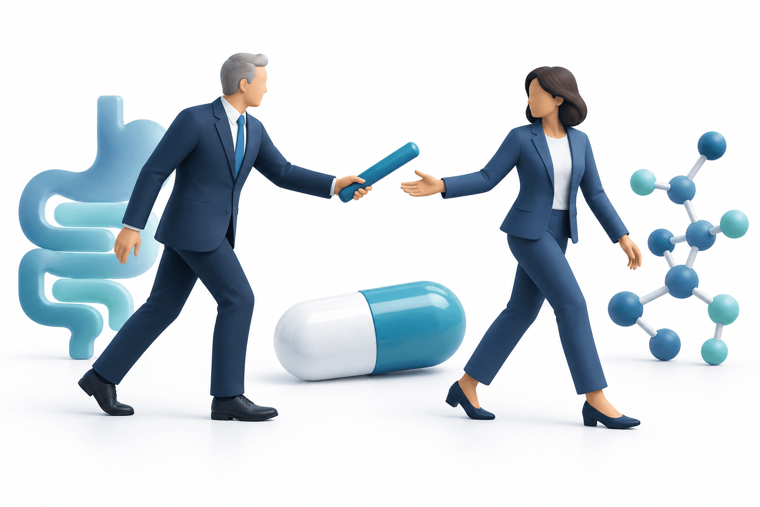 Concept illustration of the Ironwood CEO transition, with an executive baton handover beside a medicine capsule and molecular model.