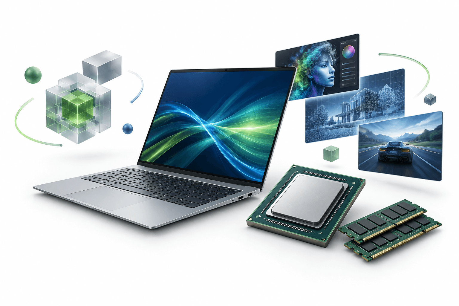 Concept illustration of RTX Spark laptops with a processor, memory modules and abstract local AI workloads.
