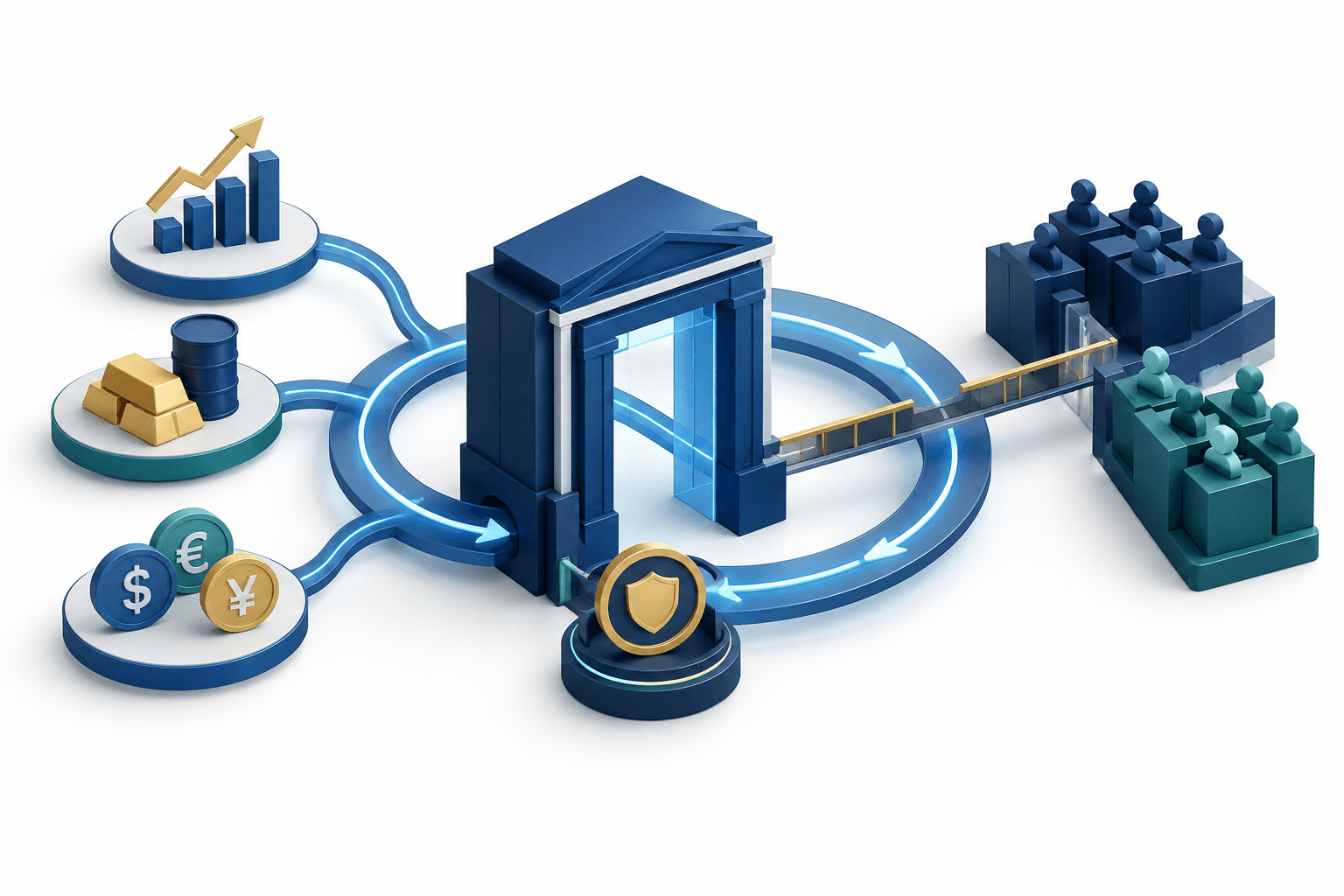 Concept illustration of Ripple Prime connecting institutional trading to round-the-clock markets through a narrow liquidity bridge.