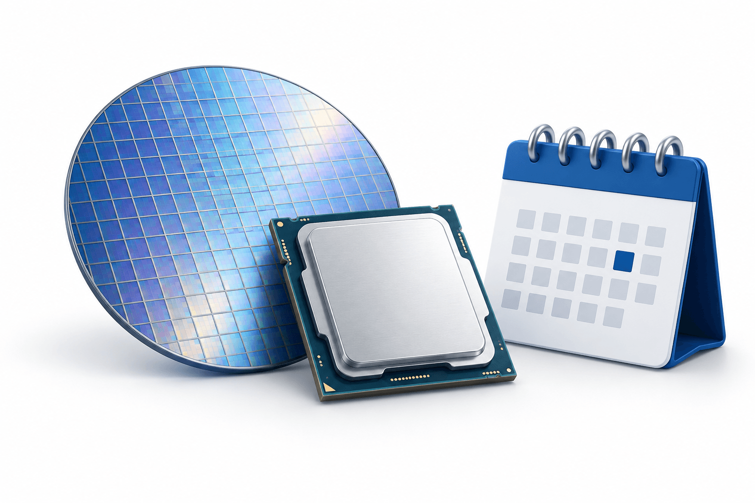 Intel stock editorial illustration featuring a silicon wafer, server processor and abstract earnings calendar.