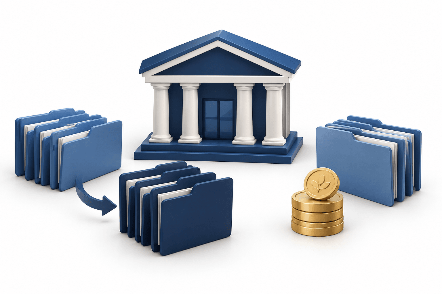 Truist earnings illustration showing a bank, reorganized loan folders and dividend coins.